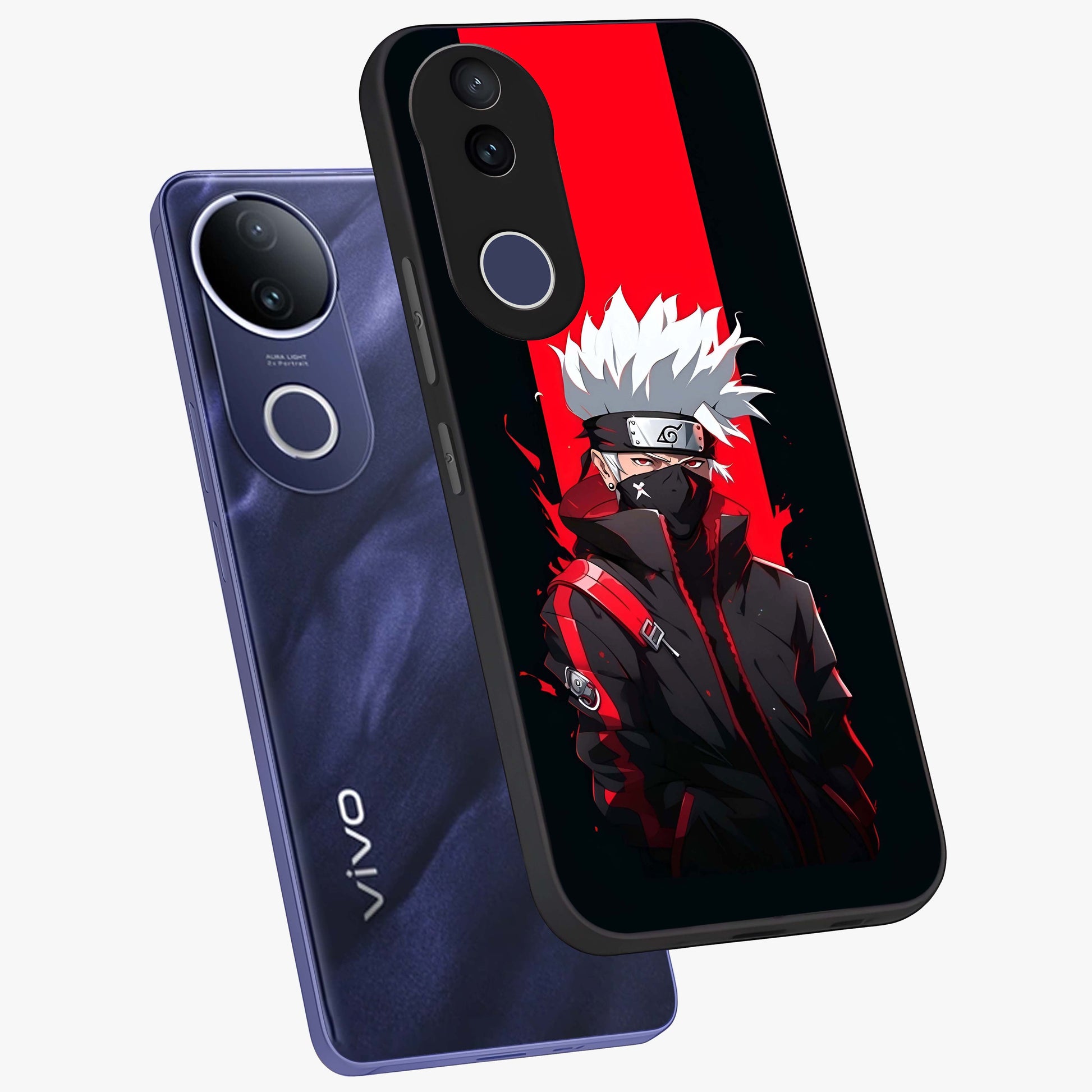 Kakashi Scarlet Shadow Glass Case displayed in angled mockup highlighting dramatic ninja illustration with scarlet themed aesthetic.