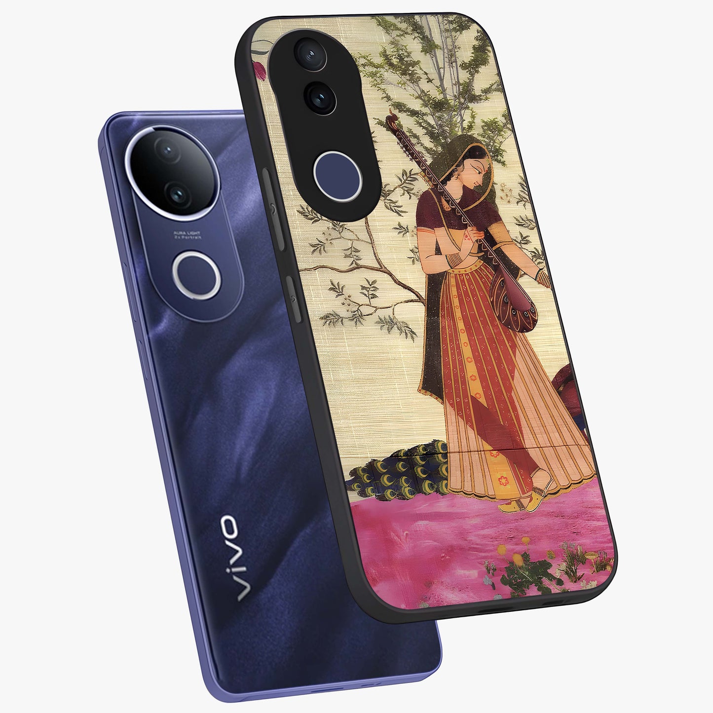 Lady With Veena Art Glass Case displayed in angled mockup highlighting graceful musical illustration with cultural artistic aesthetic.