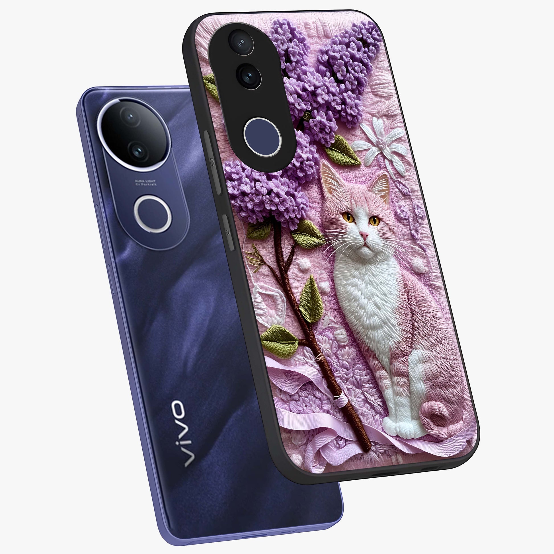 Lavender Cat Whimsy Glass Case displayed in angled mockup highlighting playful feline illustration with pastel lavender aesthetic.