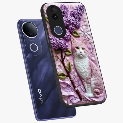 Lavender Cat Whimsy Glass Case displayed in angled mockup highlighting playful feline illustration with pastel lavender aesthetic.