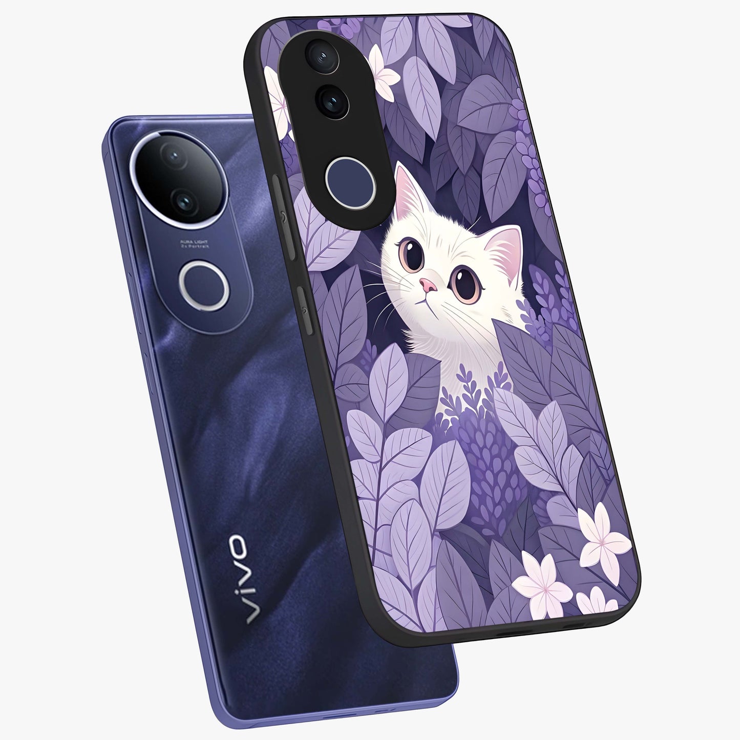 Lilac Hide Peek Cat Glass Case displayed in angled mockup highlighting playful feline illustration with lilac aesthetic design.