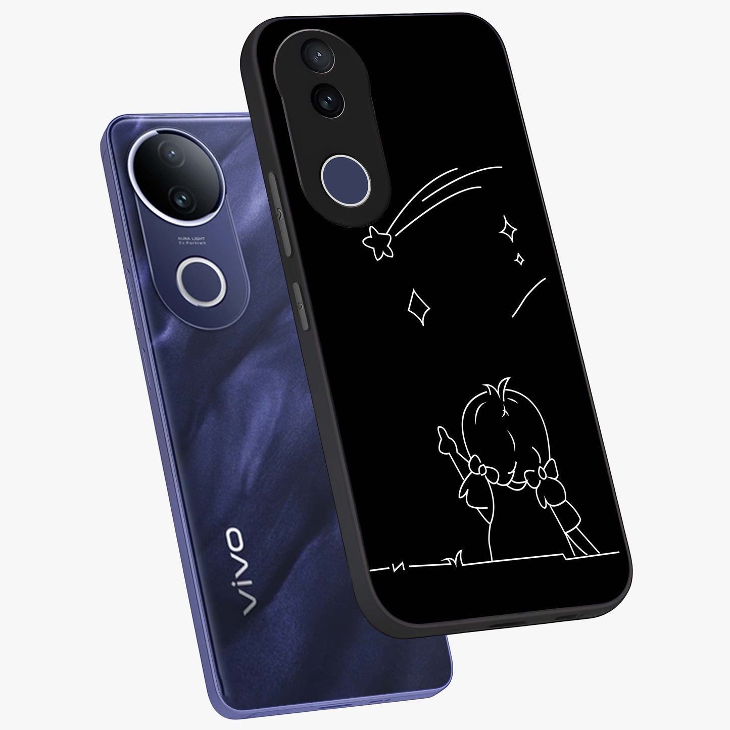 Line Art Girl With Shooting Stars Glass Case displayed in angled mockup highlighting elegant line art design with dreamy star aesthetic.