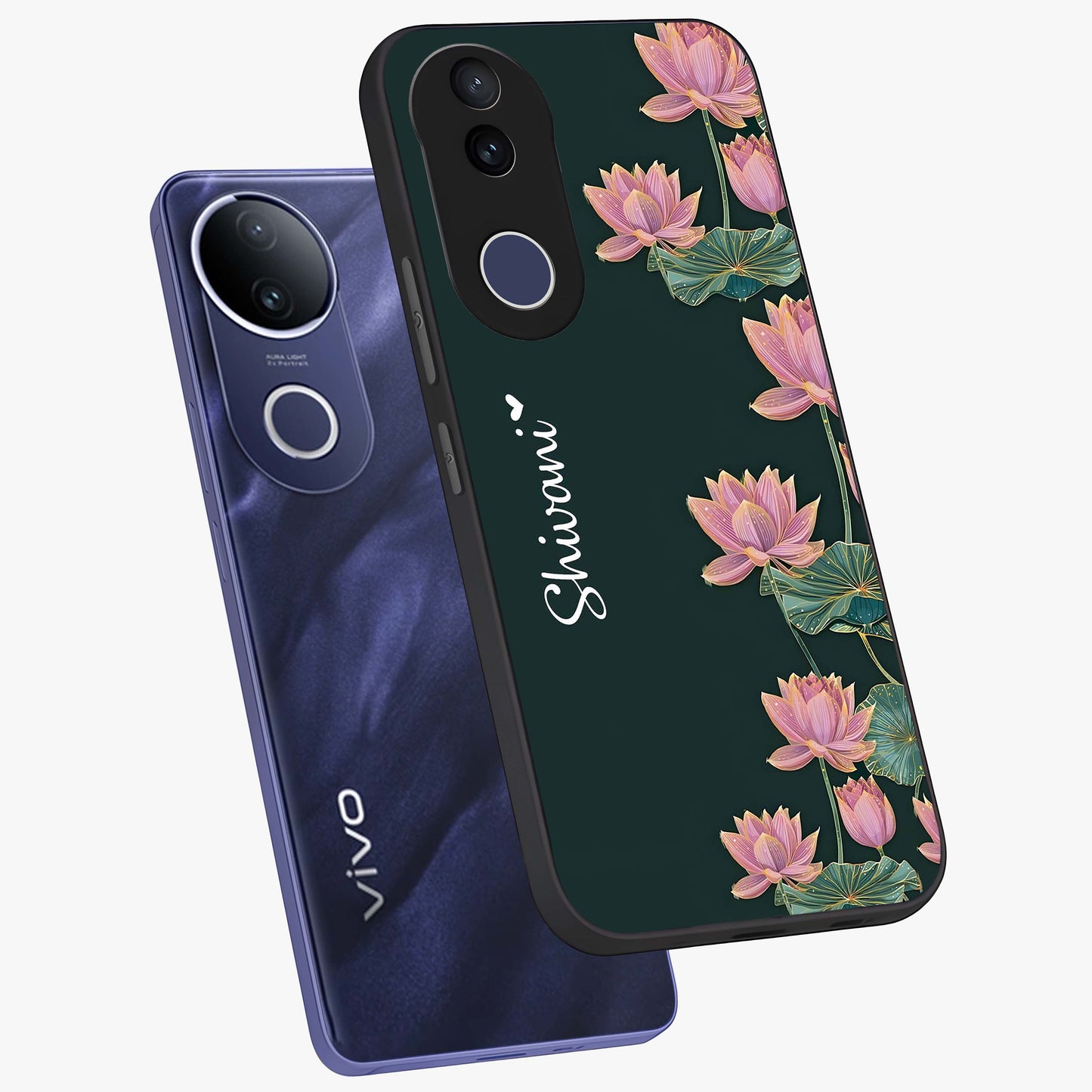 Lotus Bloom Serenity Custom Name Glass Case displayed in angled mockup highlighting graceful lotus illustration with custom name feature.