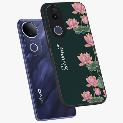 Lotus Bloom Serenity Custom Name Glass Case displayed in angled mockup highlighting graceful lotus illustration with custom name feature.