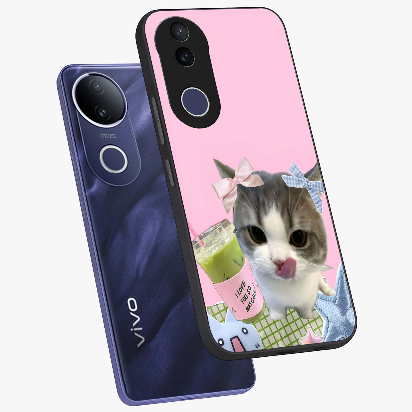 Love Matcha Cat Glass Case displayed in angled mockup highlighting playful feline illustration with cozy matcha aesthetic.