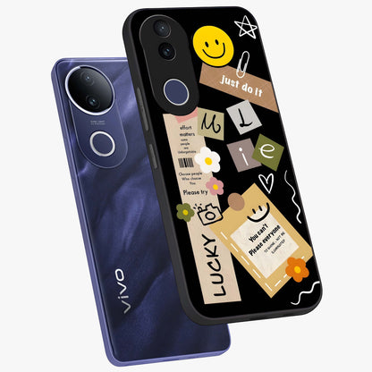Lucky Aesthetic Collage Glass Case displayed in angled mockup highlighting stylish collage pattern with modern aesthetic vibe.