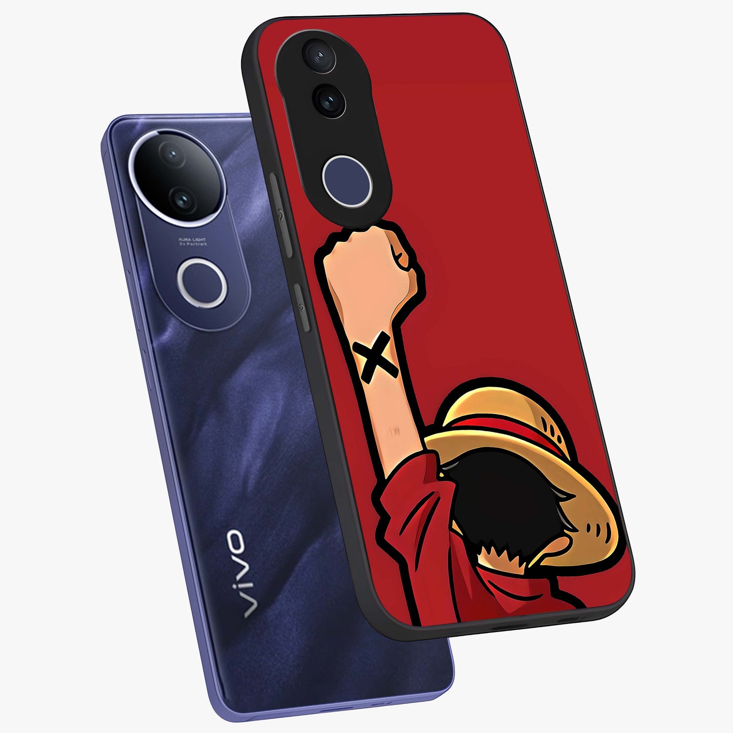Luffy X Spirit Glass Case displayed in angled mockup highlighting powerful anime design with energetic action aesthetic.