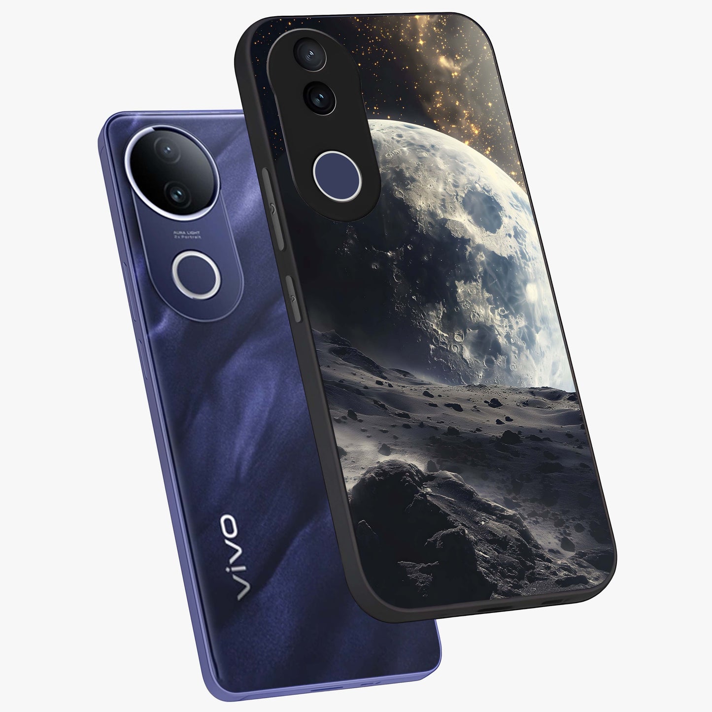 Lunar Horizon Glow Glass Case displayed in angled mockup highlighting celestial moon design with dreamy night aesthetic.