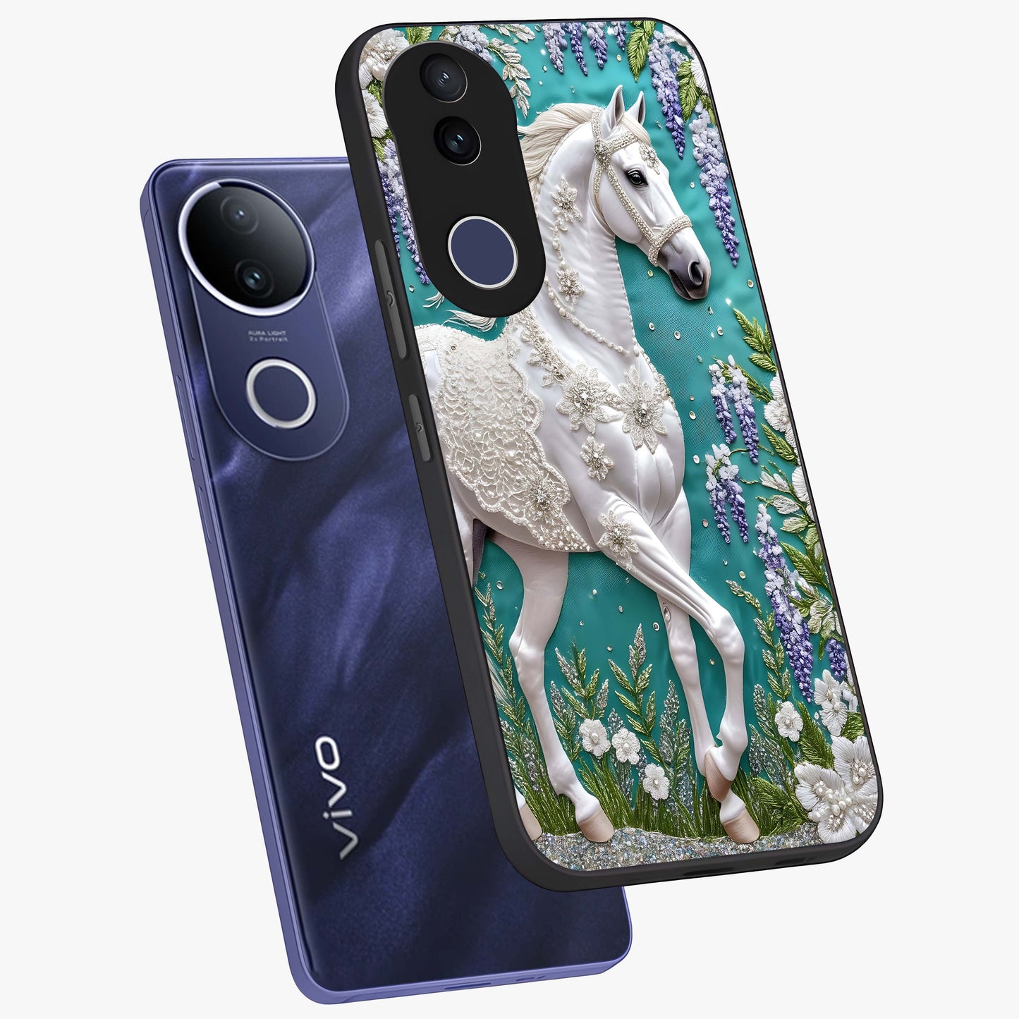 Majestic Floral Stallion Glass Case displayed in angled mockup highlighting majestic stallion illustration with elegant floral aesthetic.