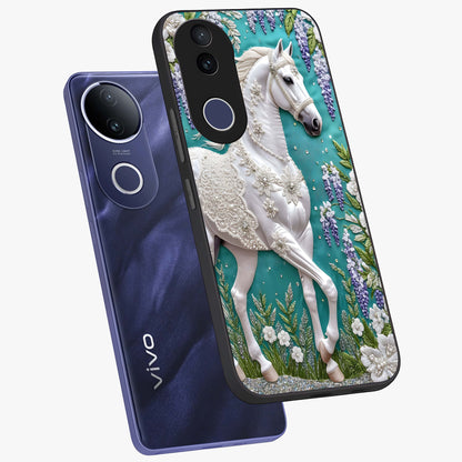 Majestic Floral Stallion Glass Case displayed in angled mockup highlighting majestic stallion illustration with elegant floral aesthetic.