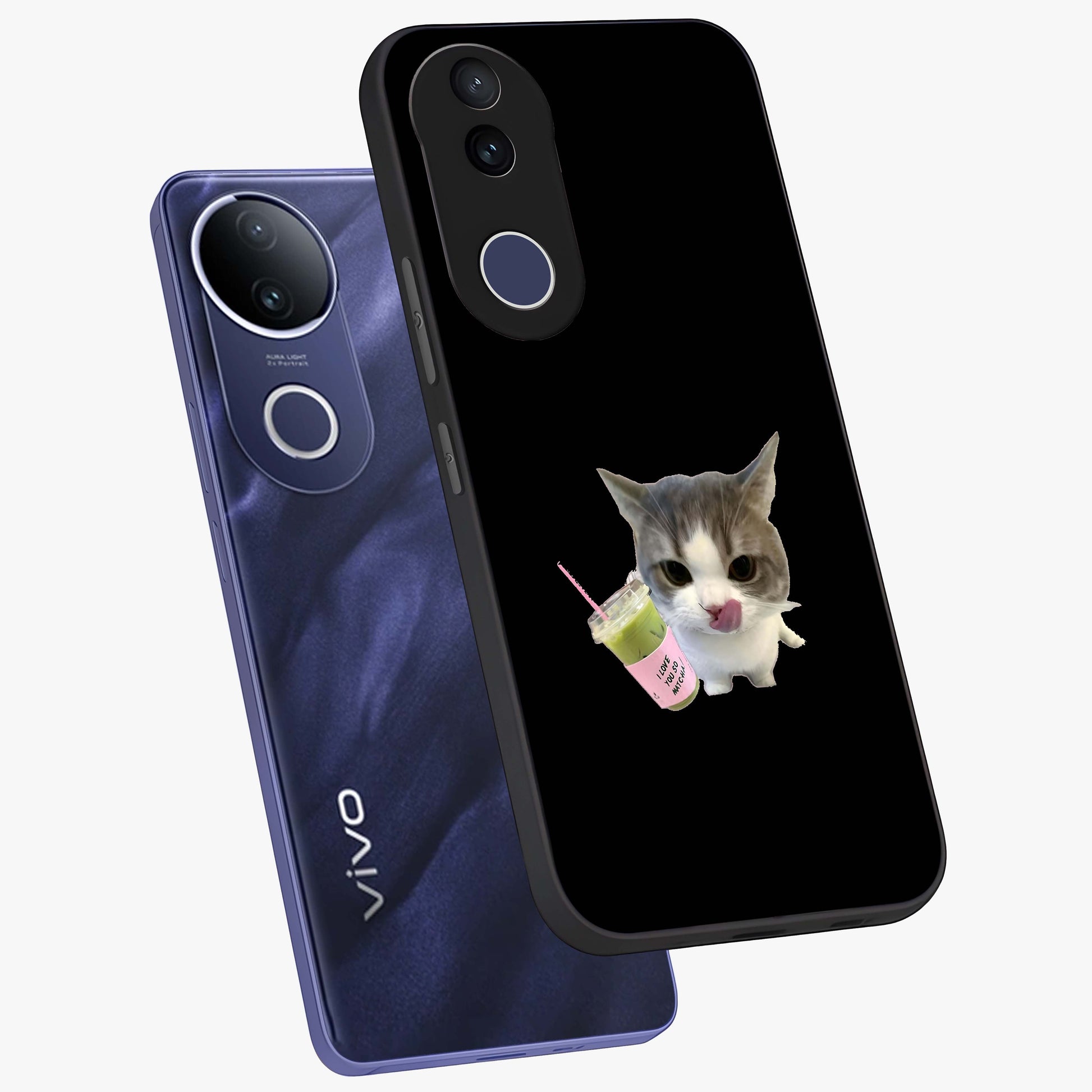 Matcha Cat Style Glass Case displayed in angled mockup highlighting playful feline design with pastel matcha aesthetic.