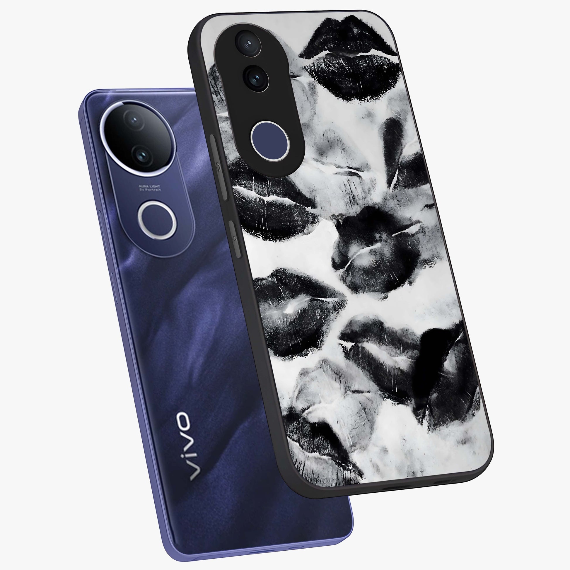Midnight Kiss Marks Glass Case displayed in angled mockup highlighting playful romantic design with bold midnight aesthetic.