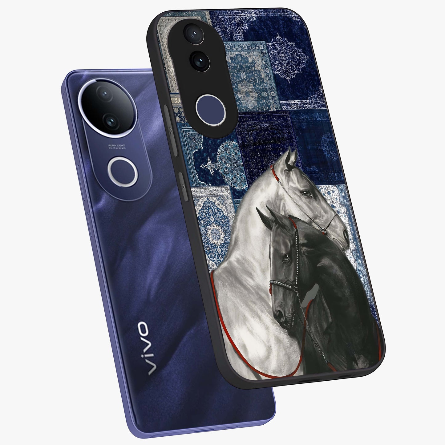 Midnight Stallion Blues Glass Case displayed in angled mockup highlighting powerful stallion illustration with deep midnight tones.