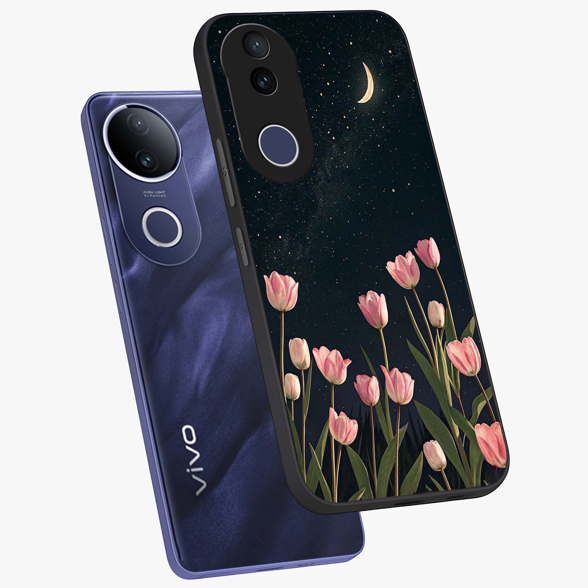 Midnight Tulip Whispers Vibe Glass Case displayed in angled mockup highlighting delicate tulip design with midnight floral aesthetic.