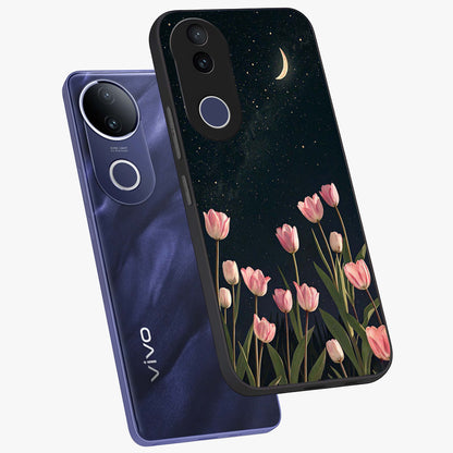 Midnight Tulip Whispers Vibe Glass Case displayed in angled mockup highlighting delicate tulip design with midnight floral aesthetic.
