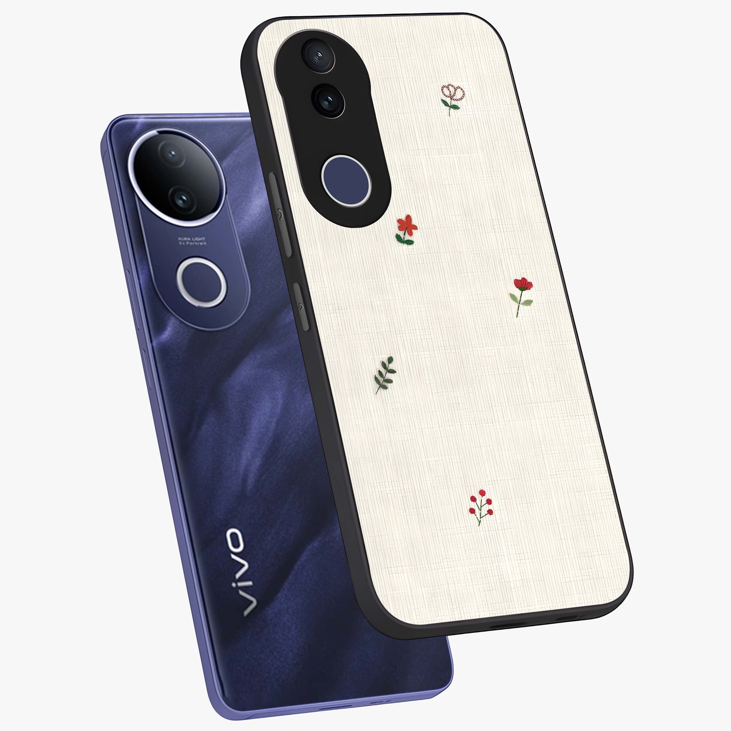 Minimalistic Blue With White Flower Pattern Glass Case displayed in angled mockup highlighting simple floral design with minimal aesthetic.