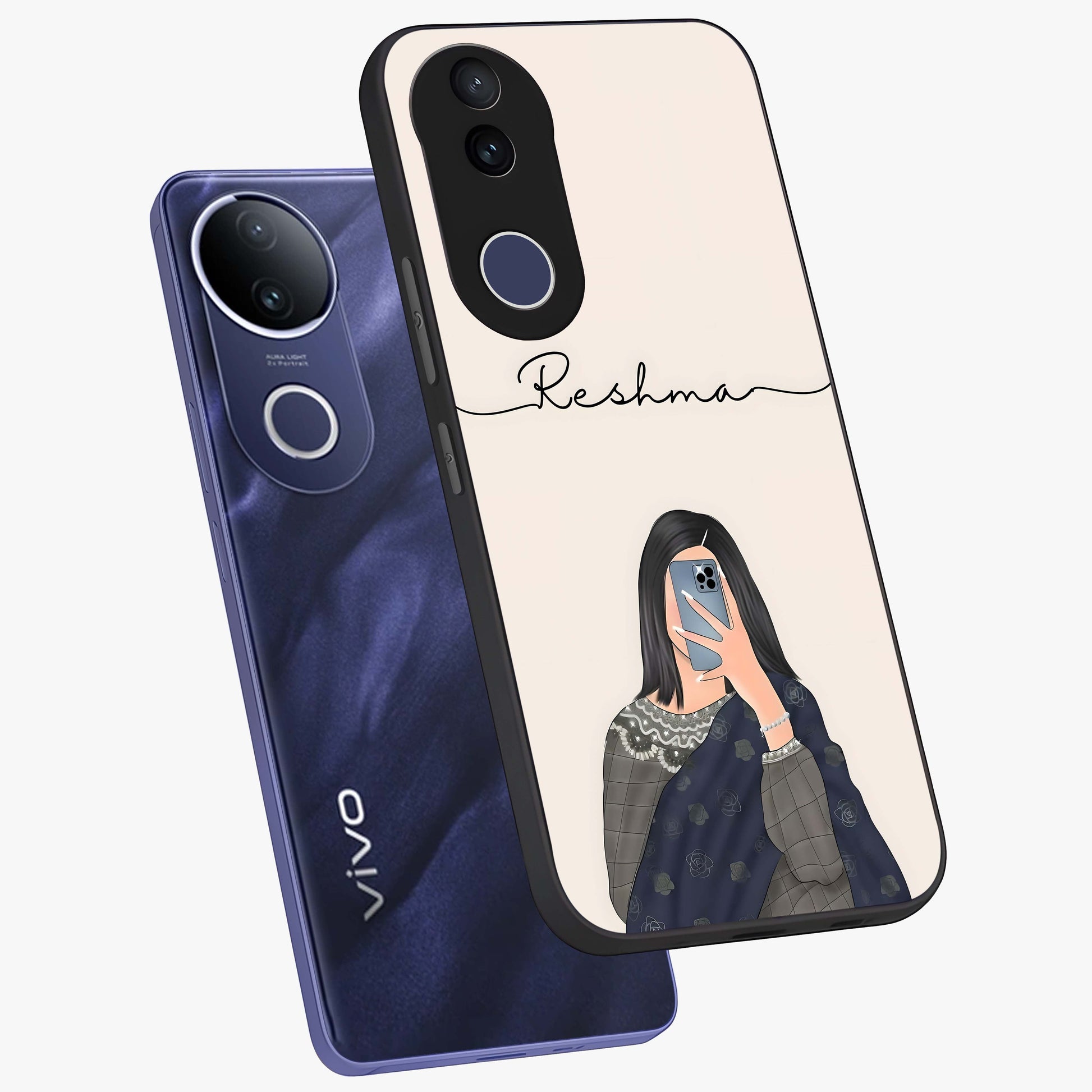 Mirror Mood Muse With Custom Name Glass Case displayed in angled mockup highlighting aesthetic mirror inspired design with custom name feature.
