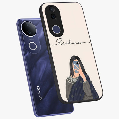 Mirror Mood Muse With Custom Name Glass Case displayed in angled mockup highlighting aesthetic mirror inspired design with custom name feature.