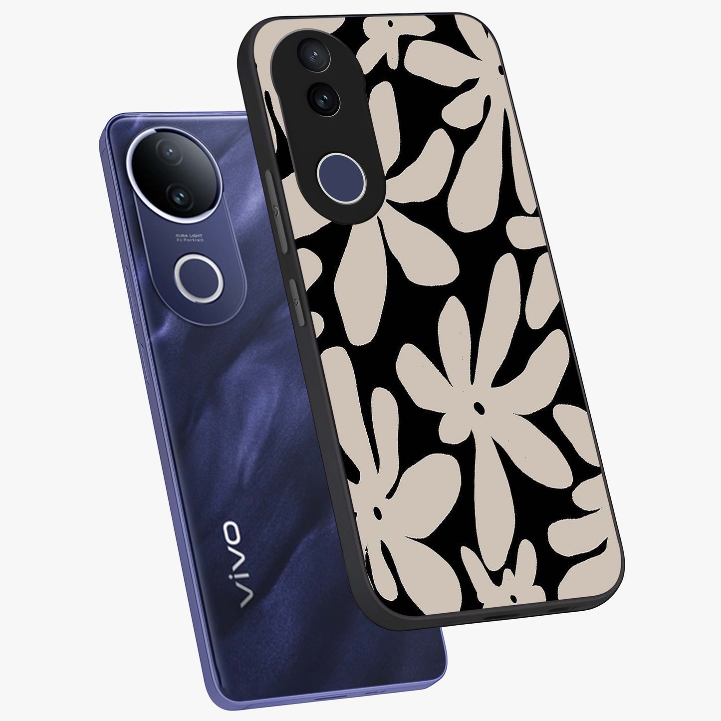 Monochrome Petal Dance Glass Case displayed in angled mockup highlighting elegant petal design with black and white aesthetic.