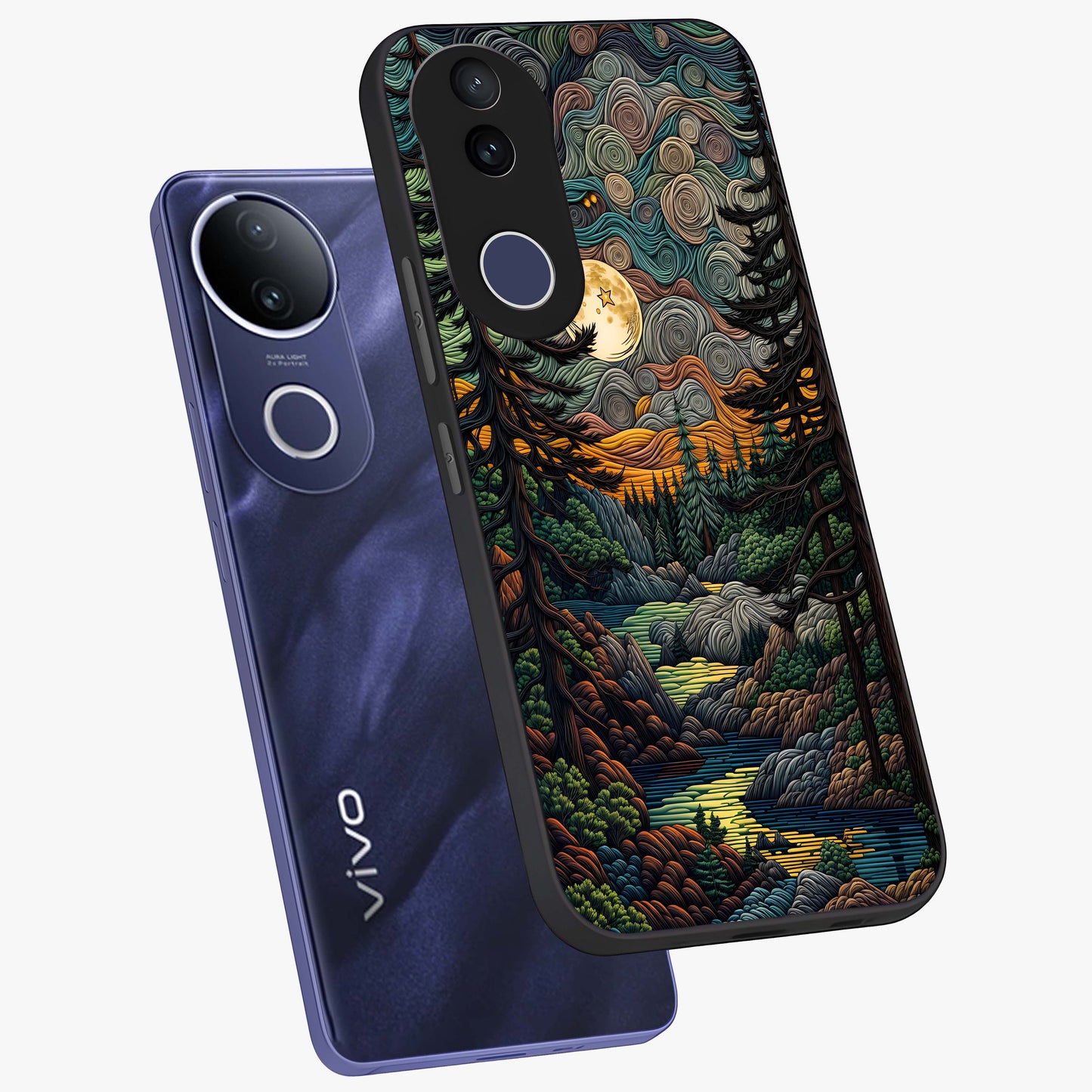 Moonlight Forest Dream Glass Case displayed in angled mockup highlighting dreamy forest design with glowing moon aesthetic.