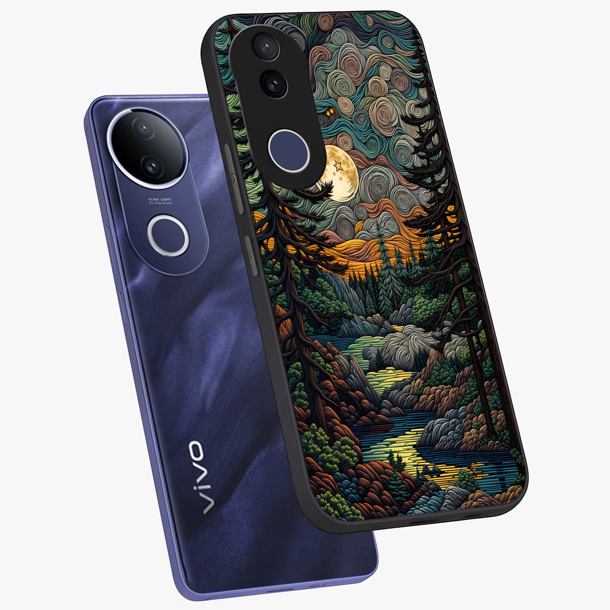 Moonlight Forest Dream Glass Case displayed in angled mockup highlighting dreamy forest design with glowing moon aesthetic.