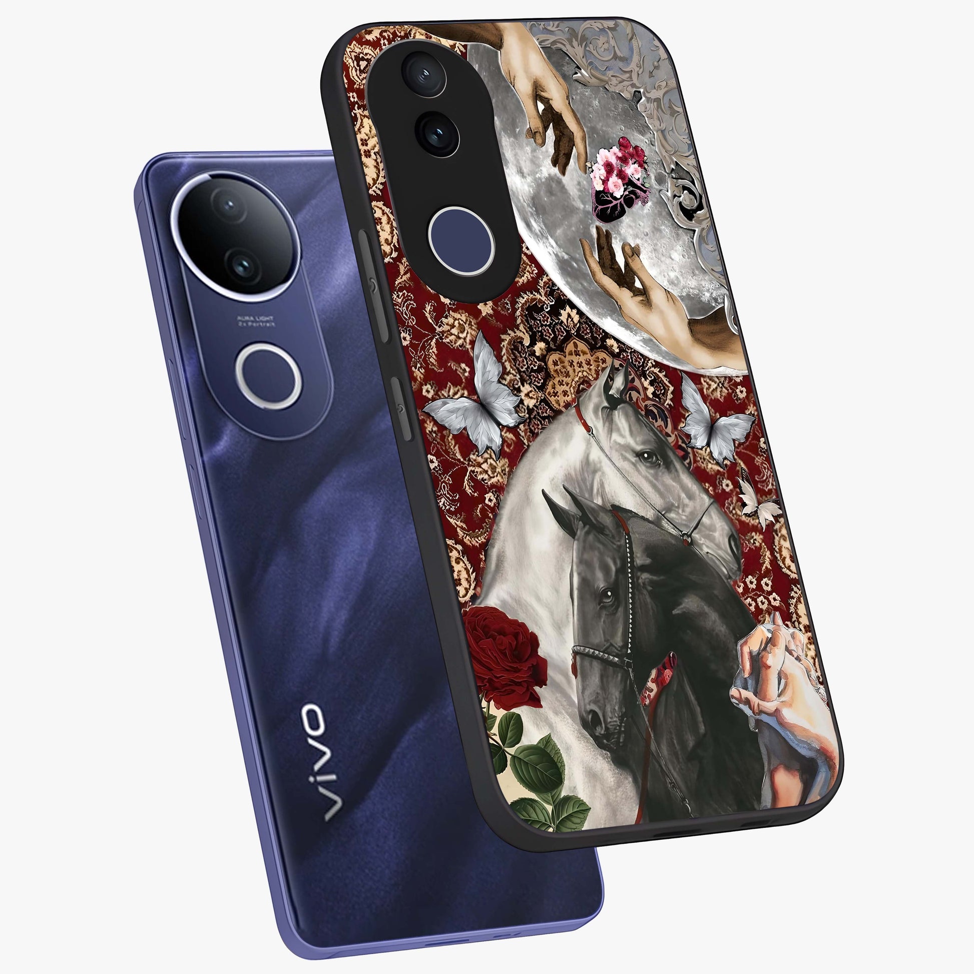 Moonlit Royal Stallion Glass Case displayed in angled mockup highlighting powerful stallion illustration with royal night aesthetic.