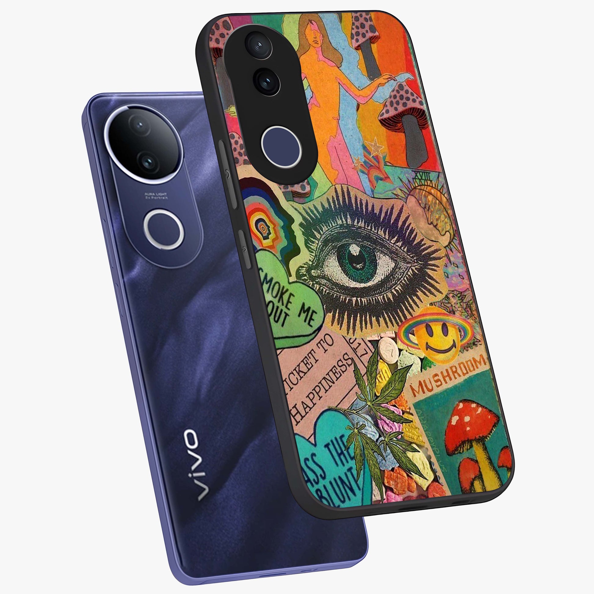 Mystic Eye Wonderland Glass Case displayed in angled mockup highlighting magical eye illustration with dreamy aesthetic.