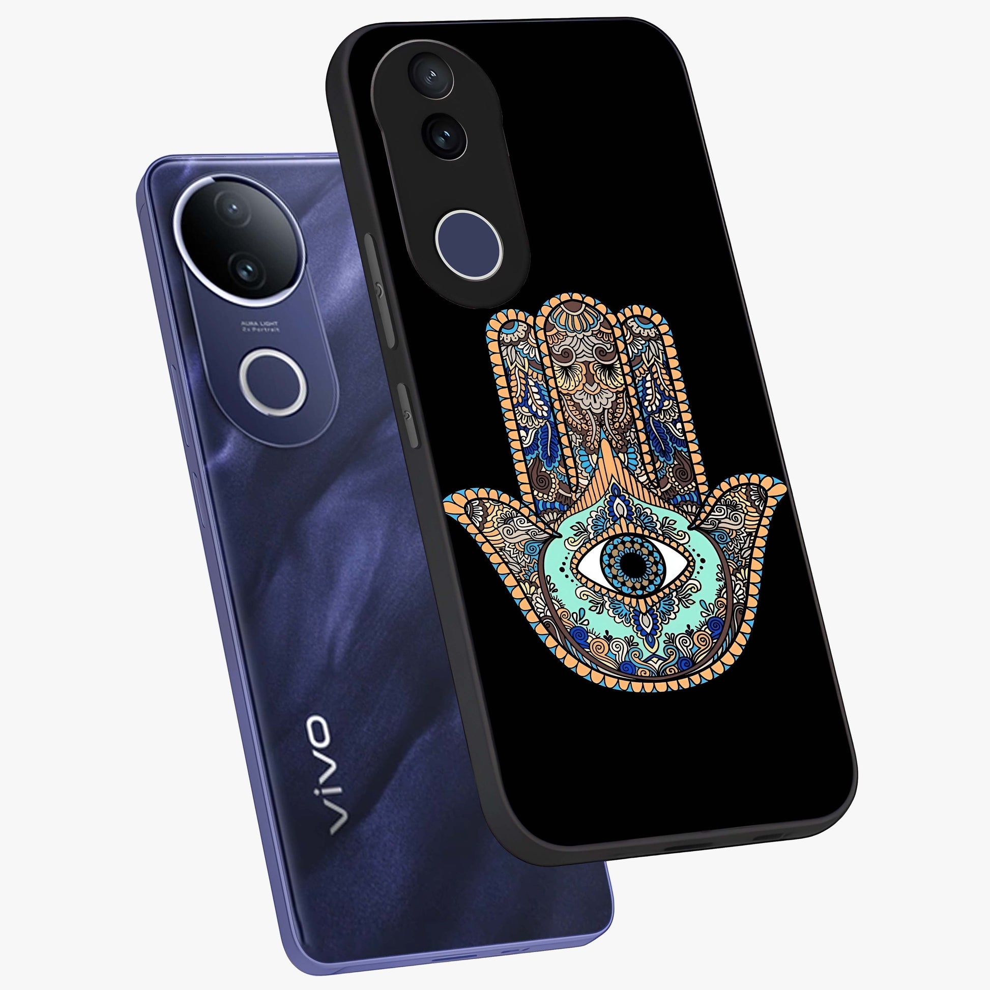 Mystic Hamsa Eye Glass Case displayed in angled mockup highlighting spiritual hamsa symbol with mystical aesthetic style.