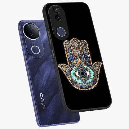 Mystic Hamsa Eye Glass Case displayed in angled mockup highlighting spiritual hamsa symbol with mystical aesthetic style.