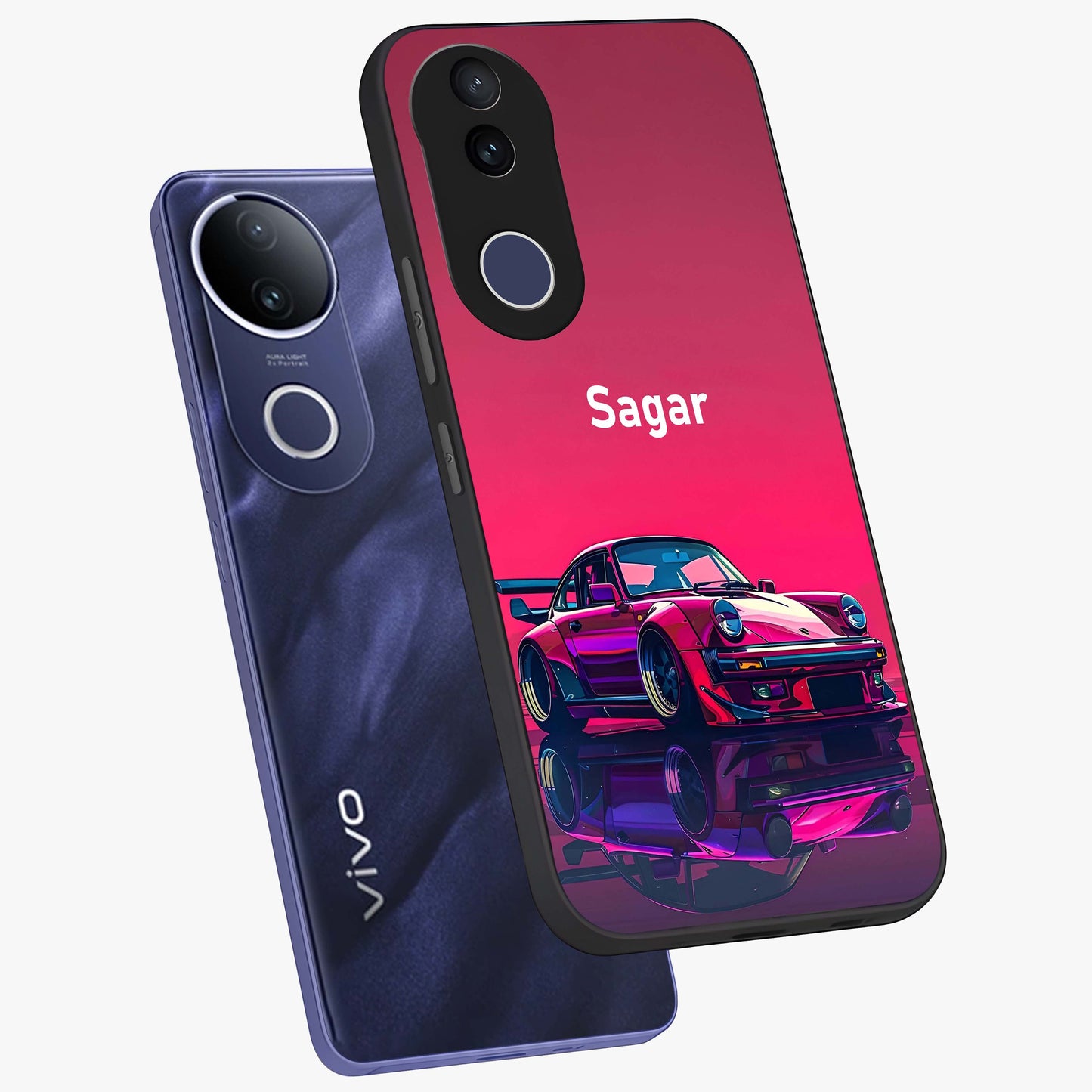 Neon Pink Porsche Glass Case displayed in angled mockup highlighting sleek neon pink car design with racing aesthetic.