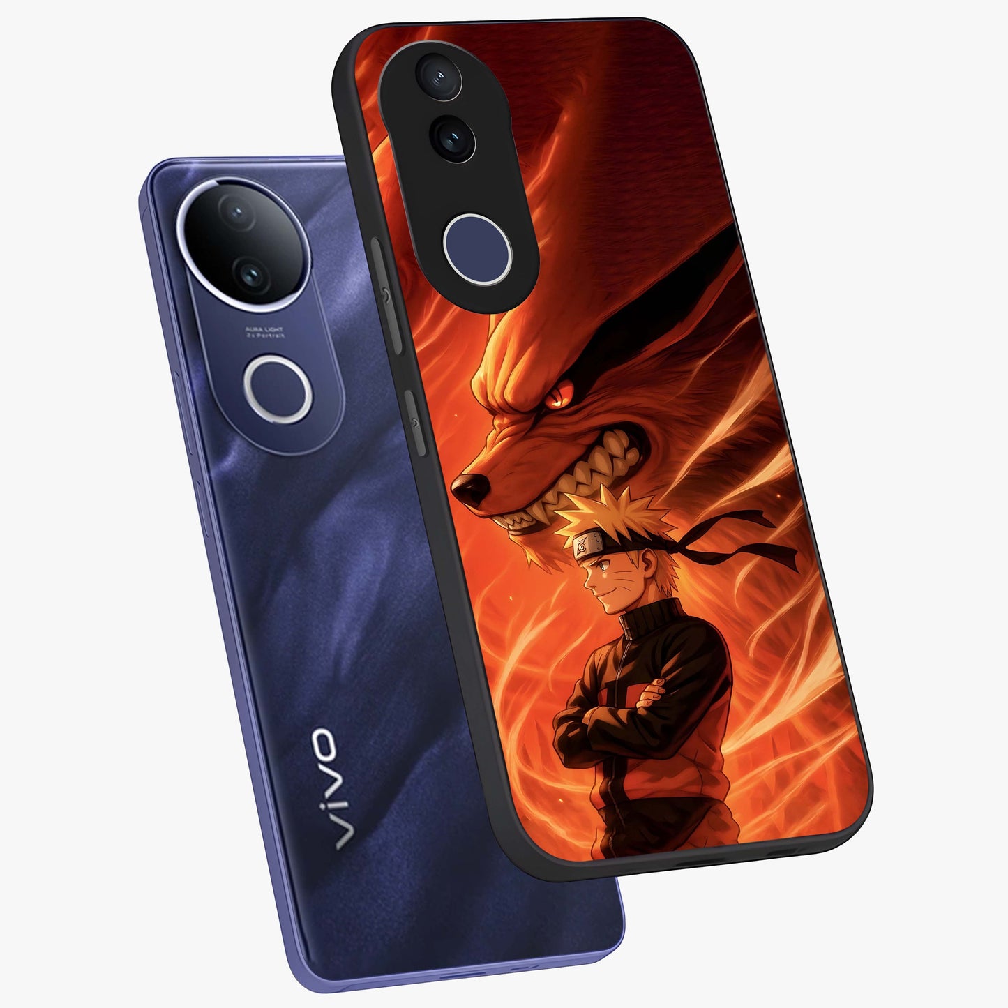 Nine Tails Legacy Glass Case displayed in angled mockup highlighting dynamic anime beast illustration with bold mystical aesthetic.