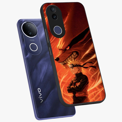Nine Tails Legacy Glass Case displayed in angled mockup highlighting dynamic anime beast illustration with bold mystical aesthetic.