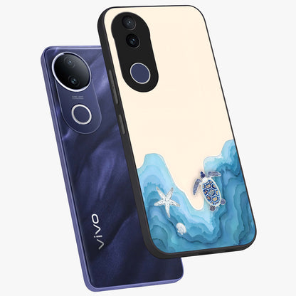 Ocean Drift Turtle Glass Case displayed in angled mockup highlighting peaceful ocean turtle illustration with marine aesthetic.