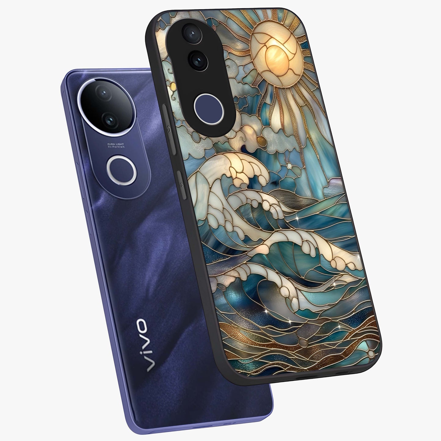Oceanic Stained Printed Glass Case displayed in angled mockup highlighting colorful aquatic design with artistic aesthetic style.