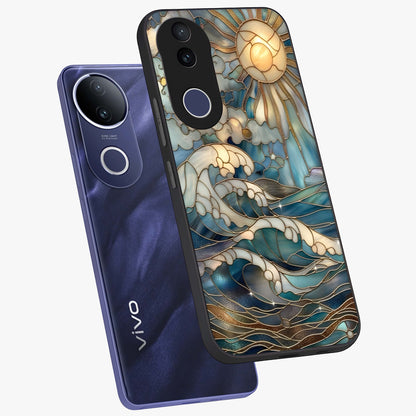 Oceanic Stained Printed Glass Case displayed in angled mockup highlighting colorful aquatic design with artistic aesthetic style.