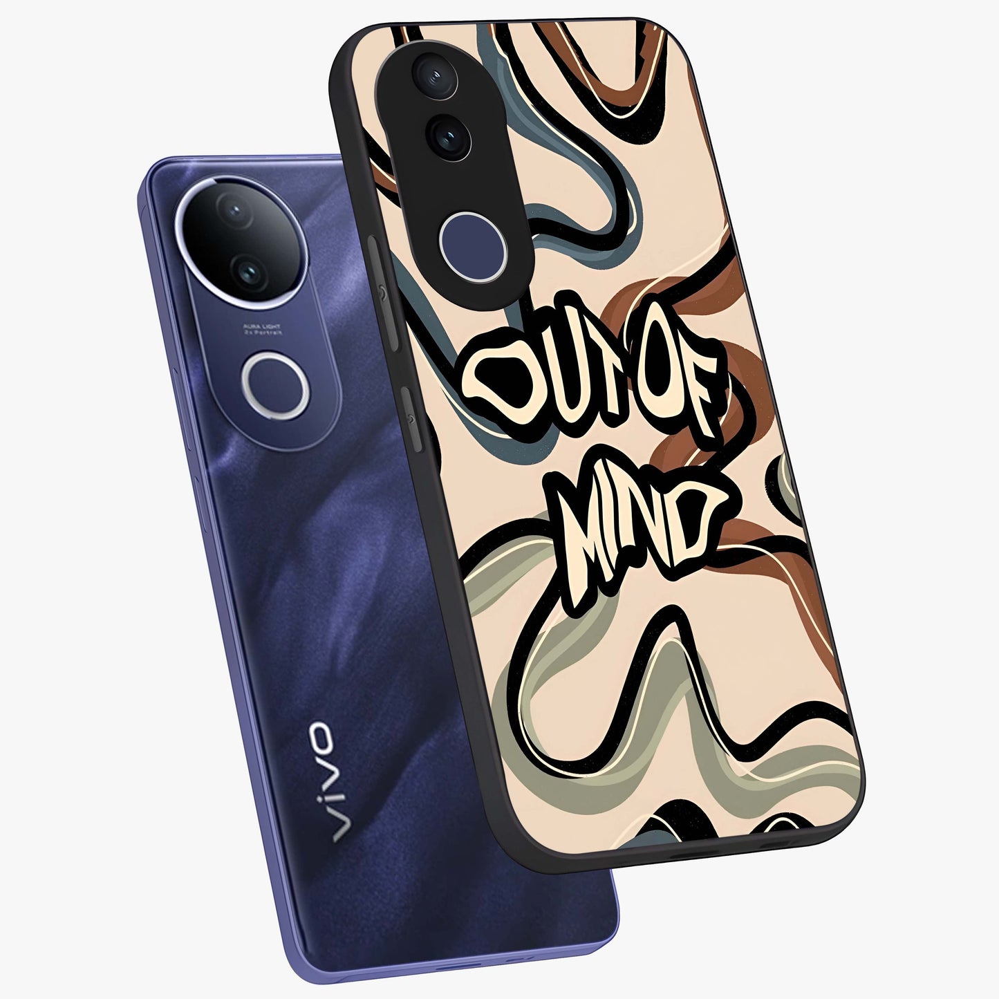 Out Of Mind Glass Case displayed in angled mockup highlighting bold statement design with modern artistic aesthetic.