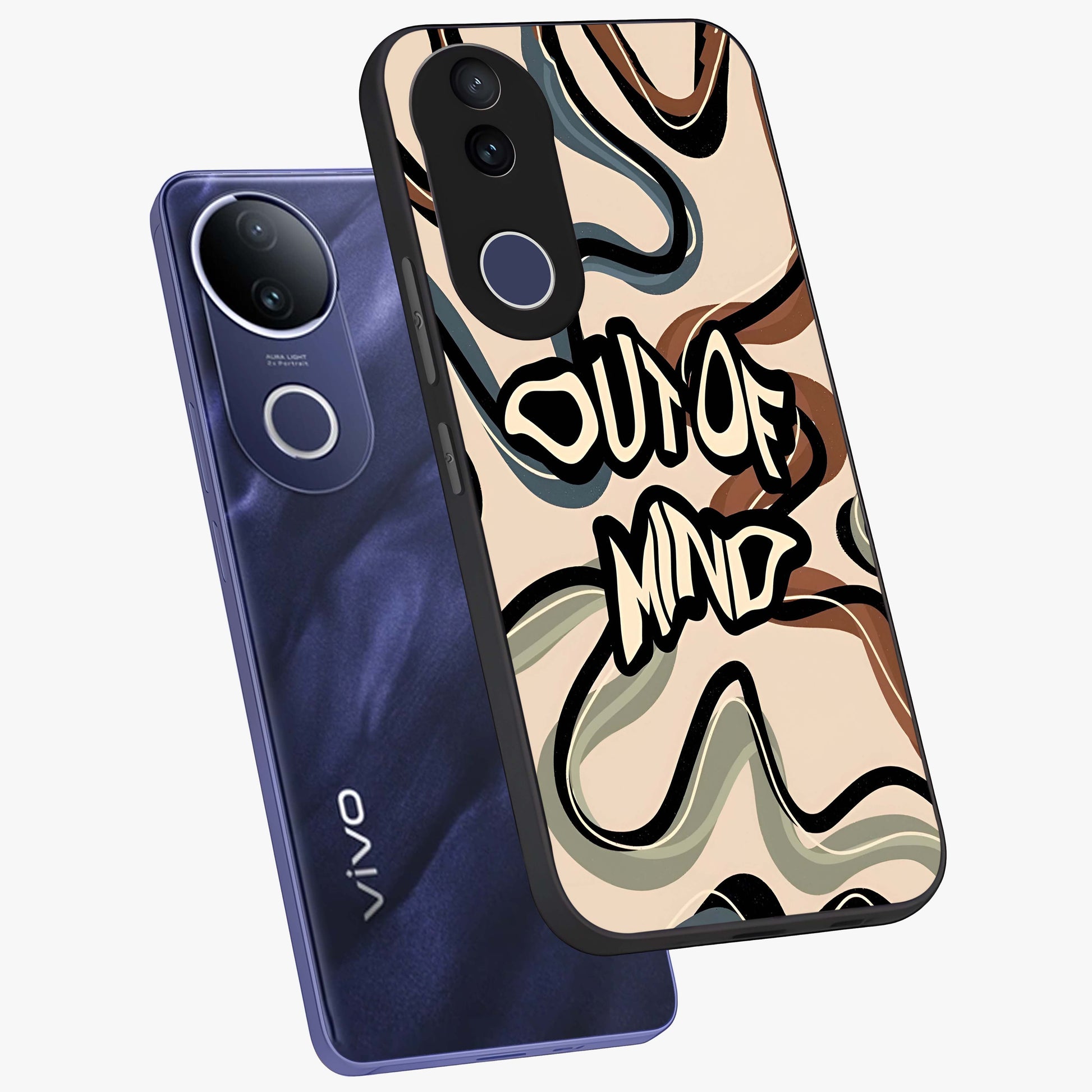Out Of Mind Glass Case displayed in angled mockup highlighting bold statement design with modern artistic aesthetic.