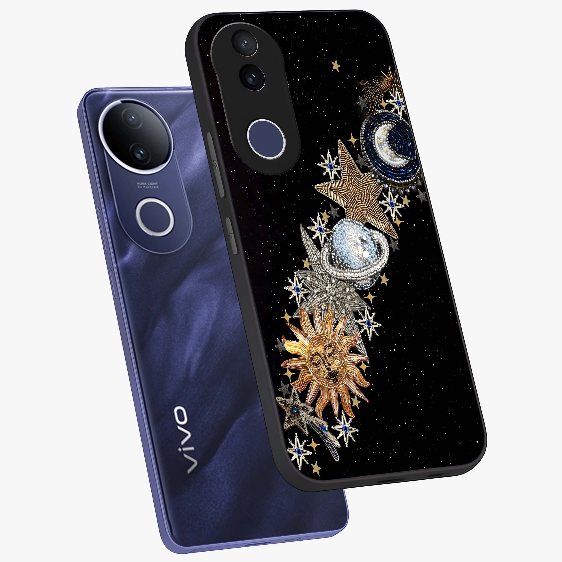 Pearls Universe Object Glass Case displayed in angled mockup highlighting celestial pearl design with dreamy aesthetic.