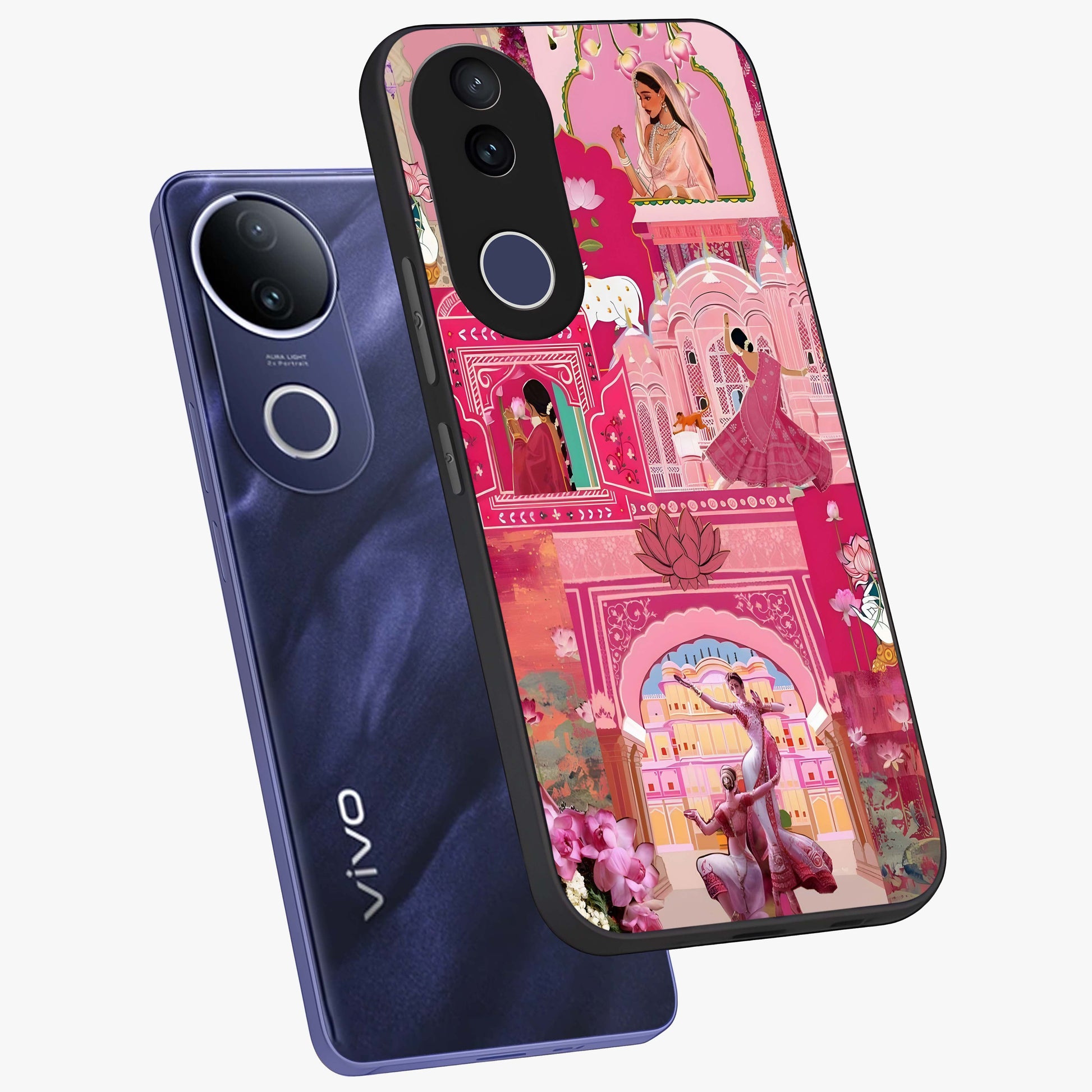 Pink Palace Muse Glass Case displayed in angled mockup highlighting dreamy palace illustration with soft pink aesthetic.