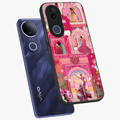 Pink Palace Muse Glass Case displayed in angled mockup highlighting dreamy palace illustration with soft pink aesthetic.