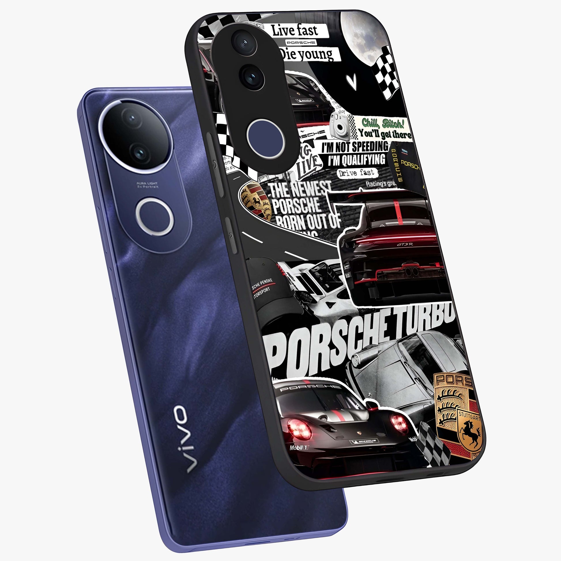 Porsche Racing Collage Glass Case displayed in angled mockup highlighting dynamic automotive design with bold racing aesthetic.