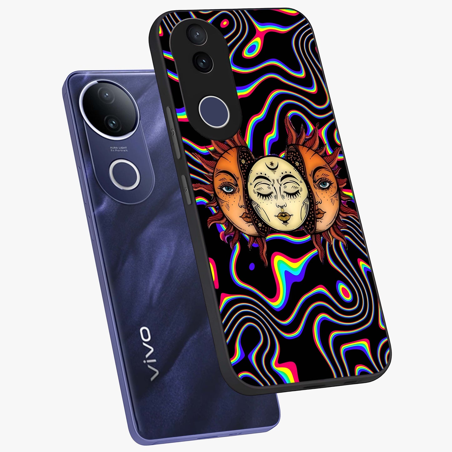 Psychedelic Sun Glass Case displayed in angled mockup highlighting vibrant abstract sun design with artistic aesthetic style.