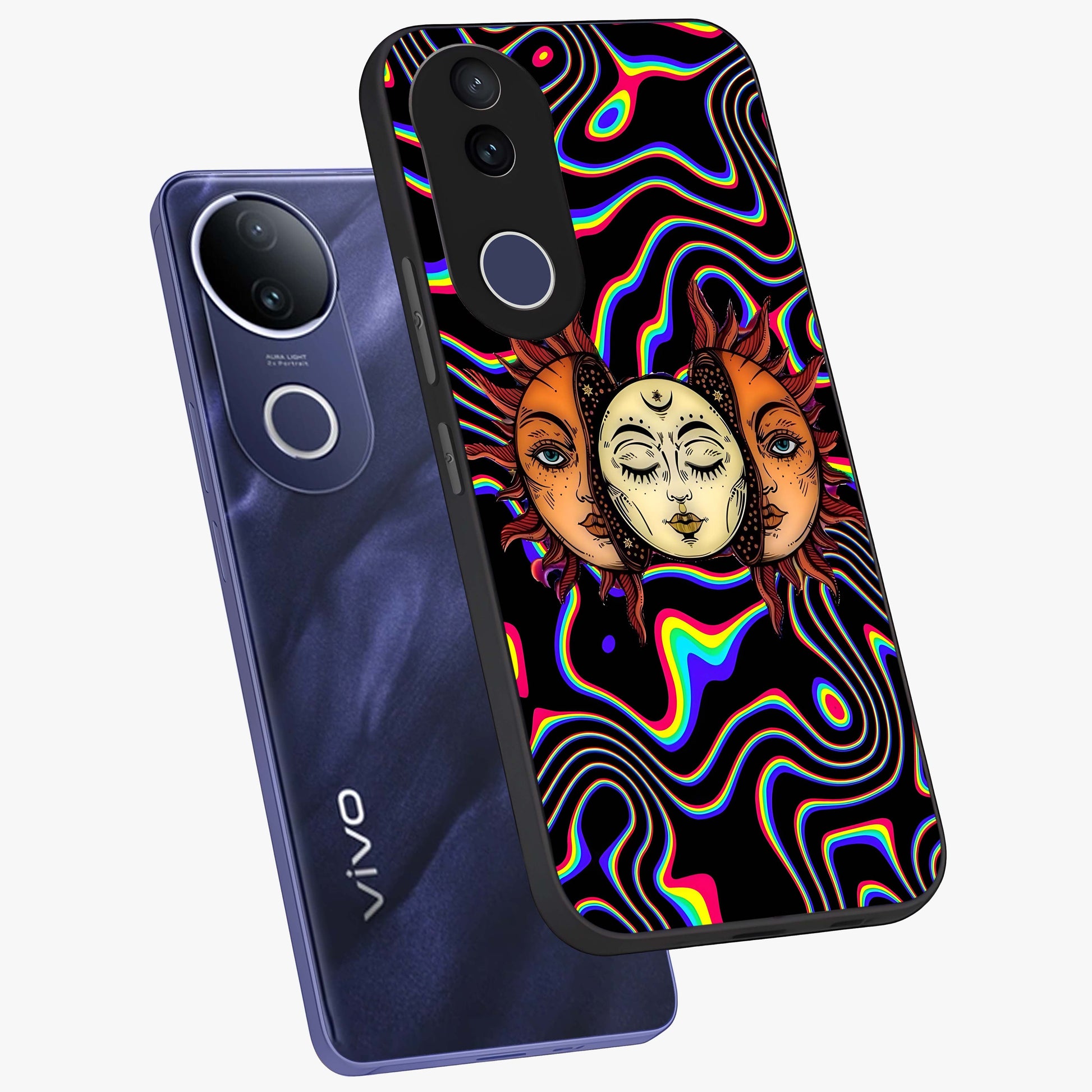 Psychedelic Sun Glass Case displayed in angled mockup highlighting vibrant abstract sun design with artistic aesthetic style.