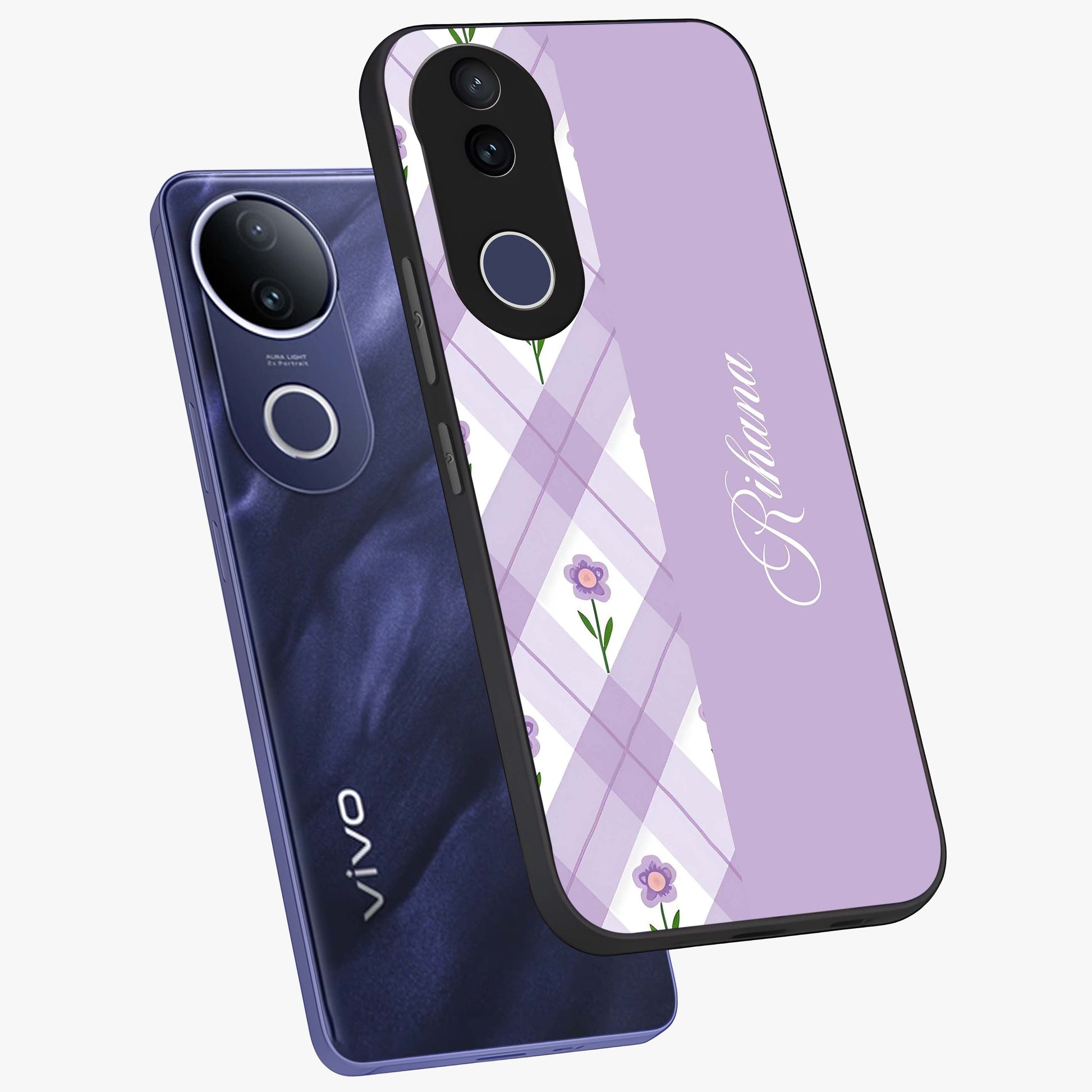 Purple Diamond Floral Glass Case displayed in angled mockup highlighting elegant purple flower design with decorative pattern.