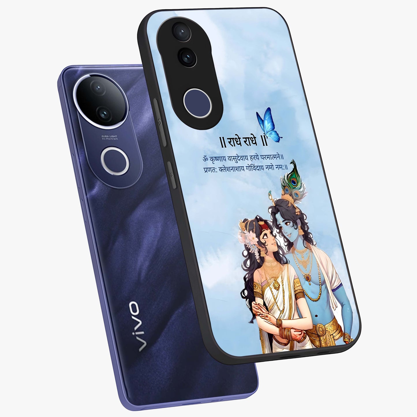 Radha Krishna Eternal Glass Case displayed in angled mockup highlighting divine Radha Krishna illustration with spiritual aesthetic.