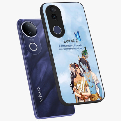 Radha Krishna Eternal Glass Case displayed in angled mockup highlighting divine Radha Krishna illustration with spiritual aesthetic.