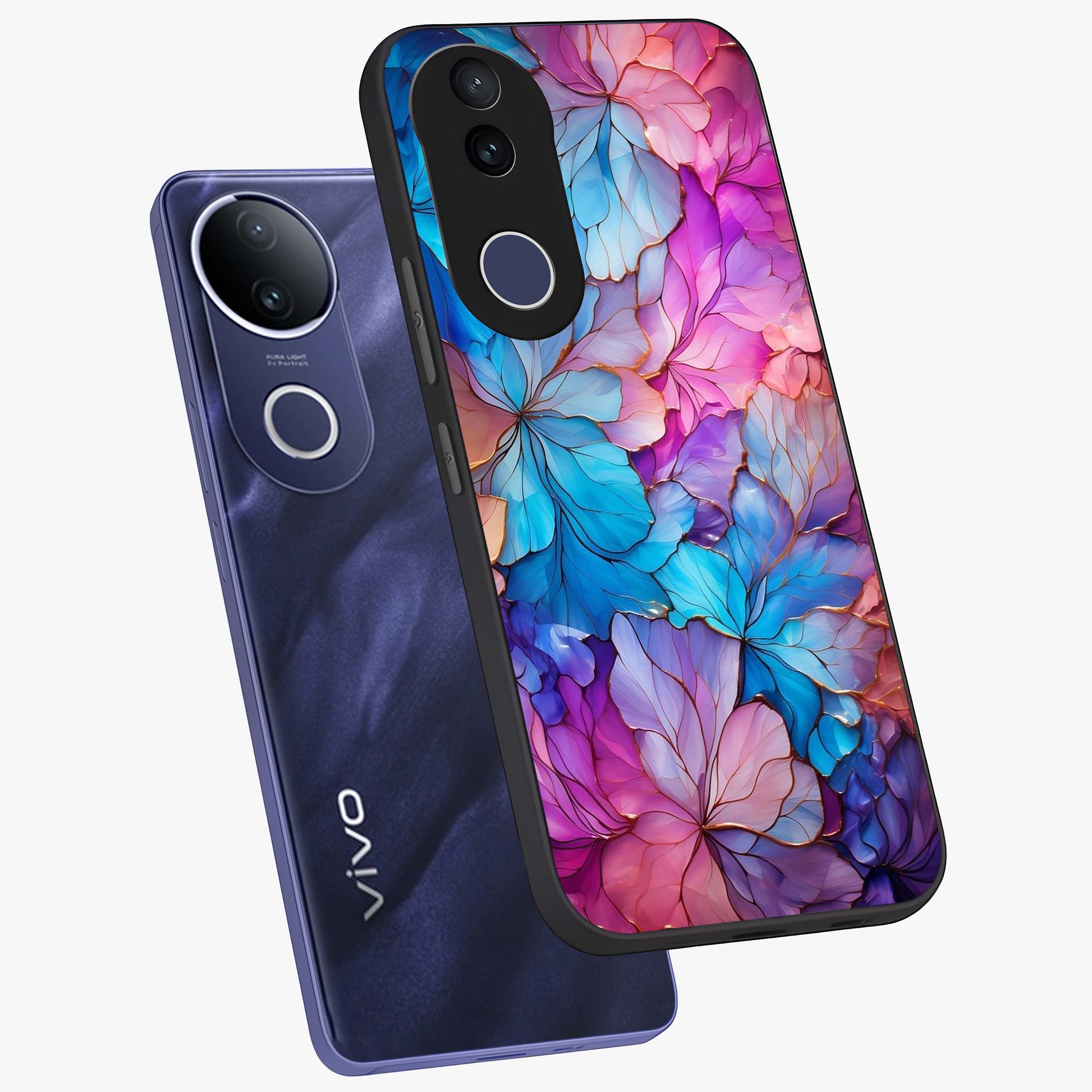 Radiant Floral Whirl Glass Case displayed in angled mockup highlighting vibrant flower pattern with dynamic artistic aesthetic.