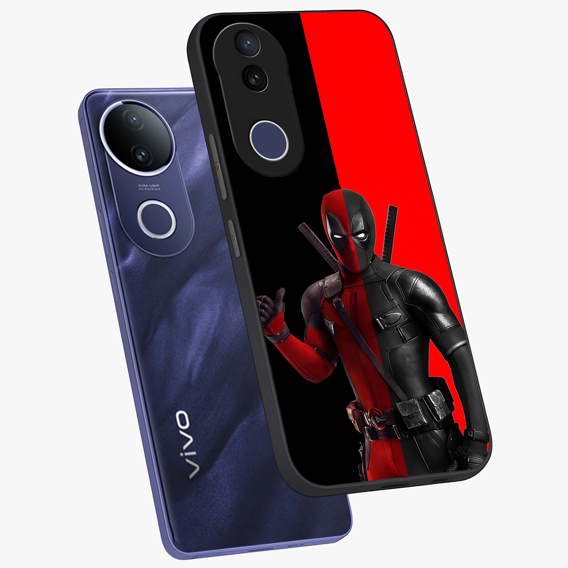 Red & Black Deadpool Theme Glass Case displayed in angled mockup highlighting vibrant superhero style illustration with action aesthetic.