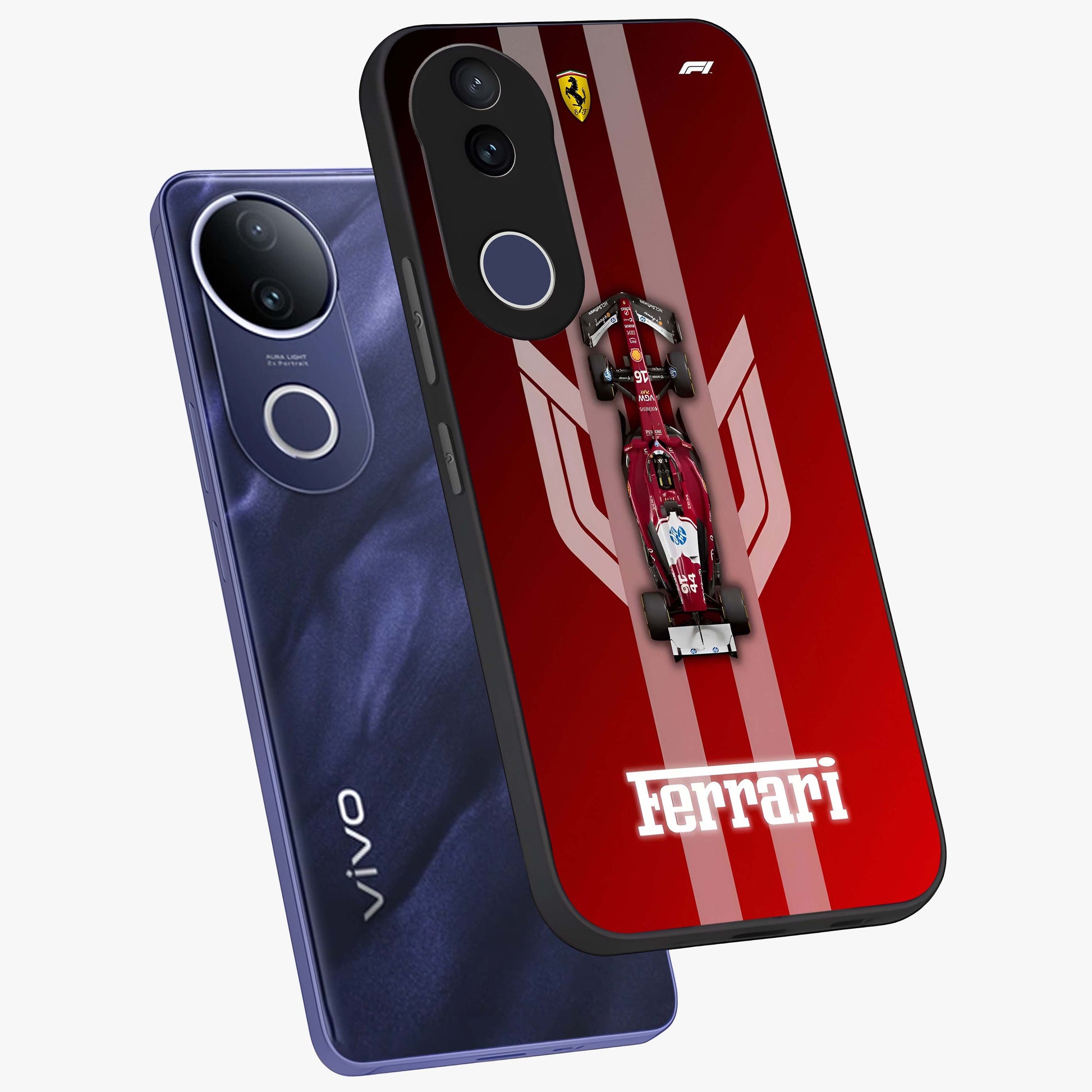 Red Ferrari F1 Vertical Glass Case displayed in angled mockup highlighting high speed racing design with bold automotive aesthetic.