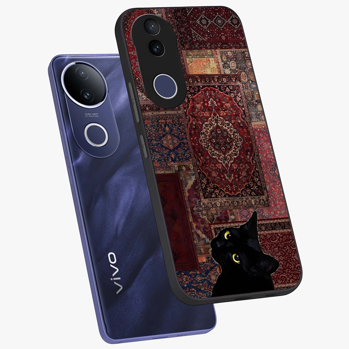 Regal Magic Cat Apple Glass Case displayed in angled mockup highlighting whimsical feline design with fantasy aesthetic.